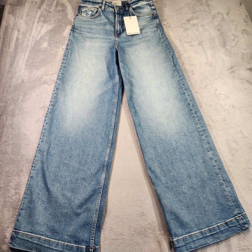 New Reformation Bex Super Stretch High Rise Wide Leg Jeans 27 Woods Wash $178